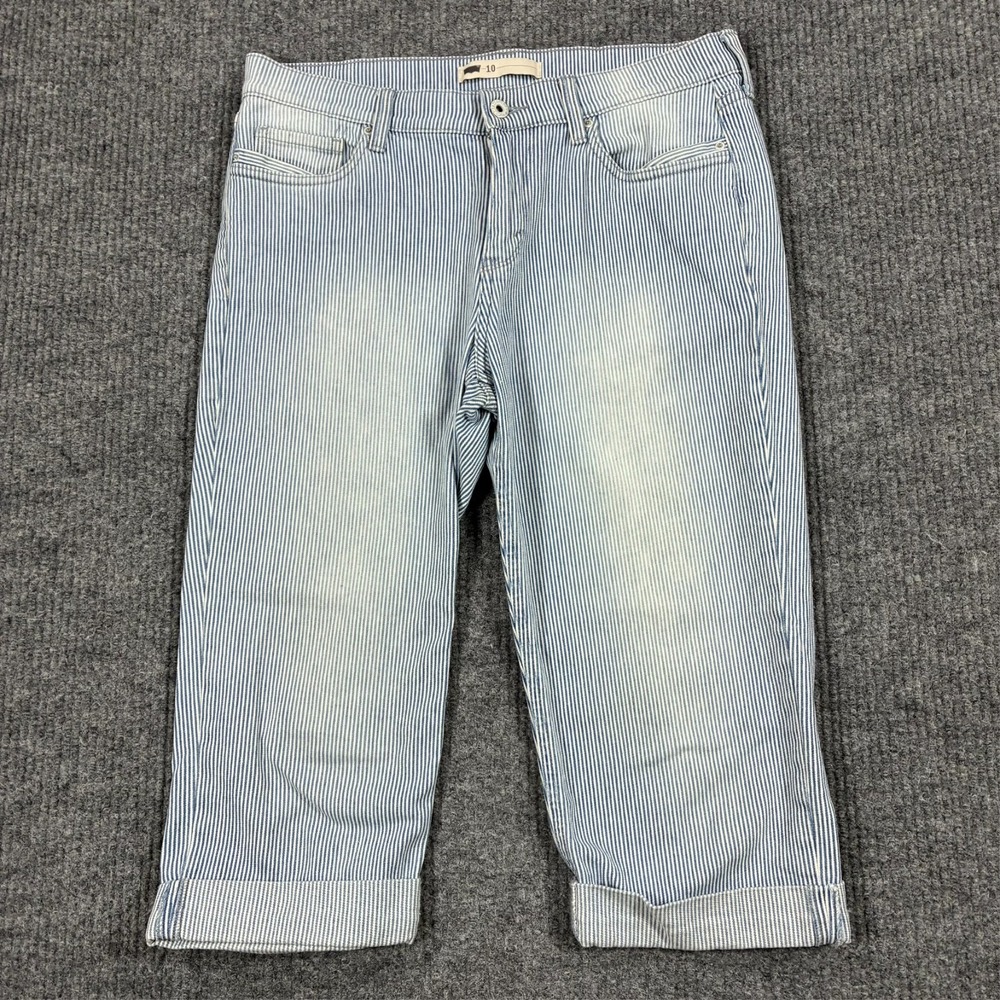 Levi's Womens Capri Jeans Size 10 Blue White Striped Cuffed Stretch Mid Rise